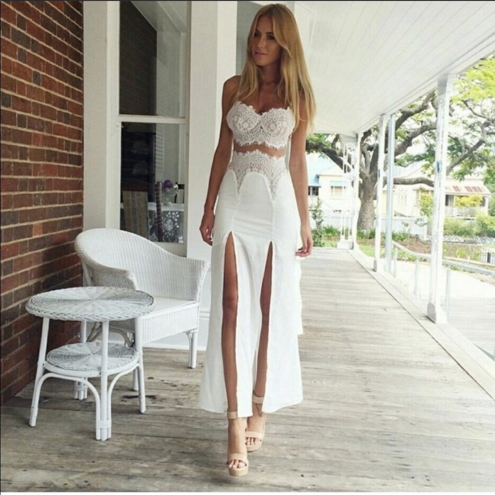 FLL Style White & Nude Illusion Lace Maxi Dress